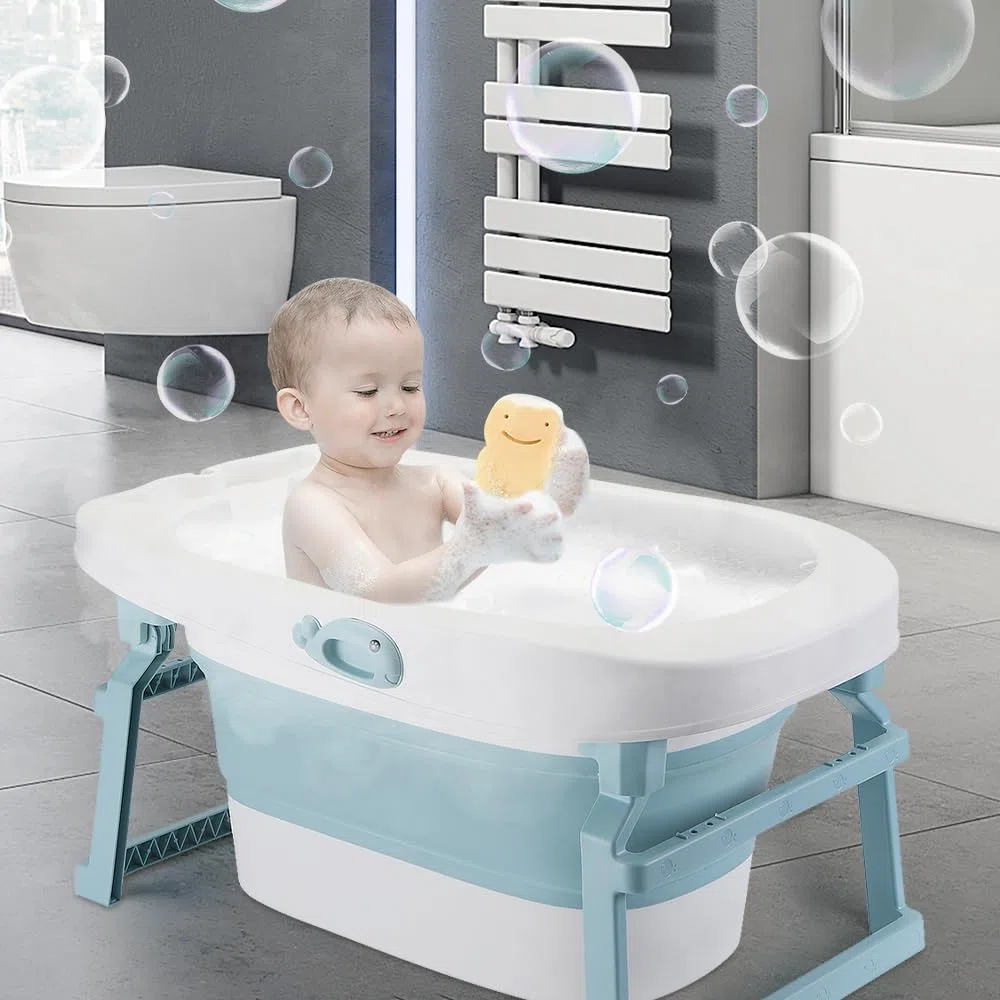 Grand Baignoire Pliable Bébé avec Siège, Douche Bebe XXL, Pieds Antidérapants, Bouchon de Vidange -3 en 1 Bassin de Douche Portable, 2-7 Ans (Bleu, 85.3x55.5x43.7cm)