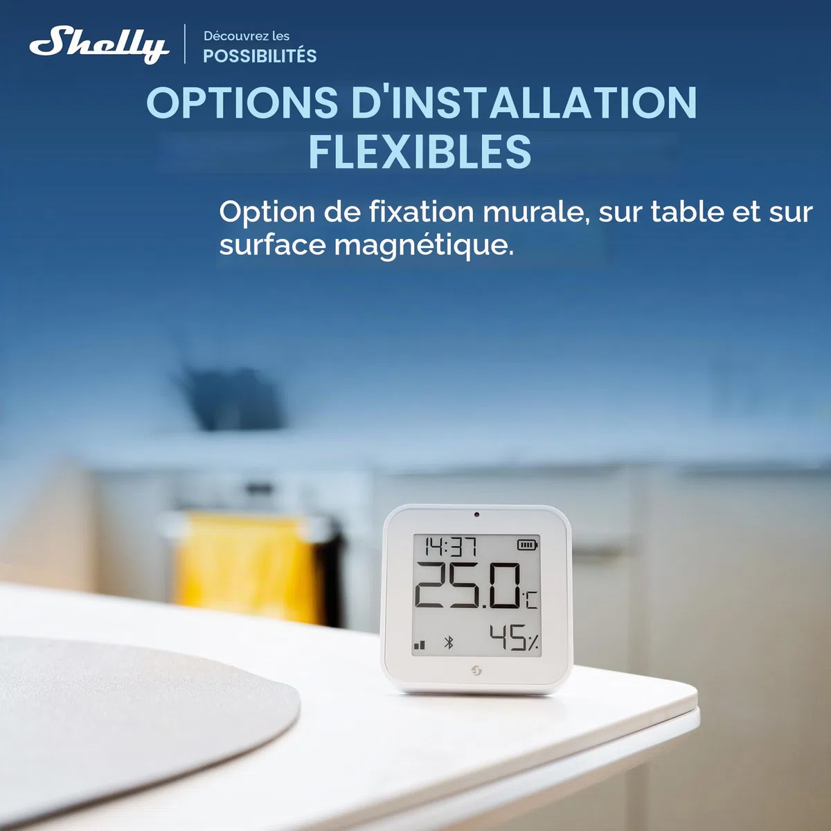Shelly BLU H&T Display ZB Blanc – Capteur de Température et d'Humidité Connecté, Bluetooth et Zigbee, Thermomètre et Hygromètre intérieur, écran E-paper, Commande vocale et application