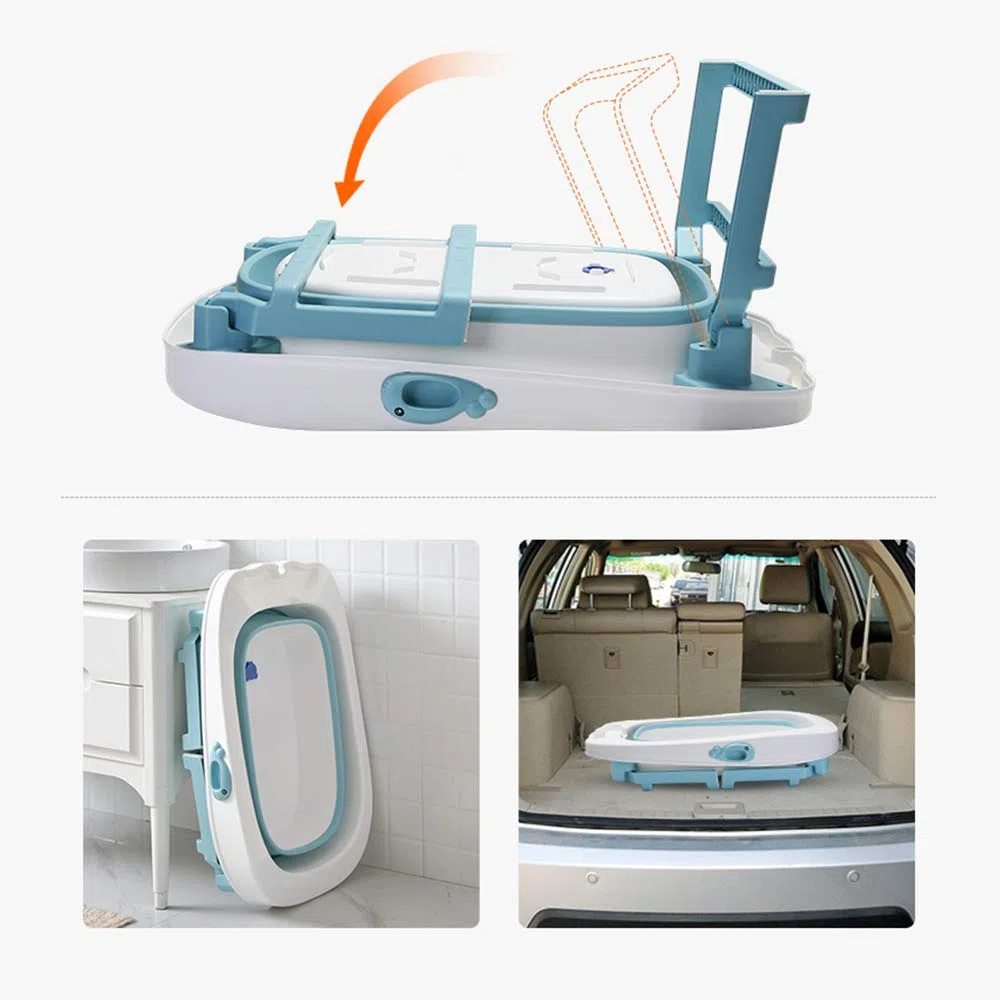 Grand Baignoire Pliable Bébé avec Siège, Douche Bebe XXL, Pieds Antidérapants, Bouchon de Vidange -3 en 1 Bassin de Douche Portable, 2-7 Ans (Bleu, 85.3x55.5x43.7cm)