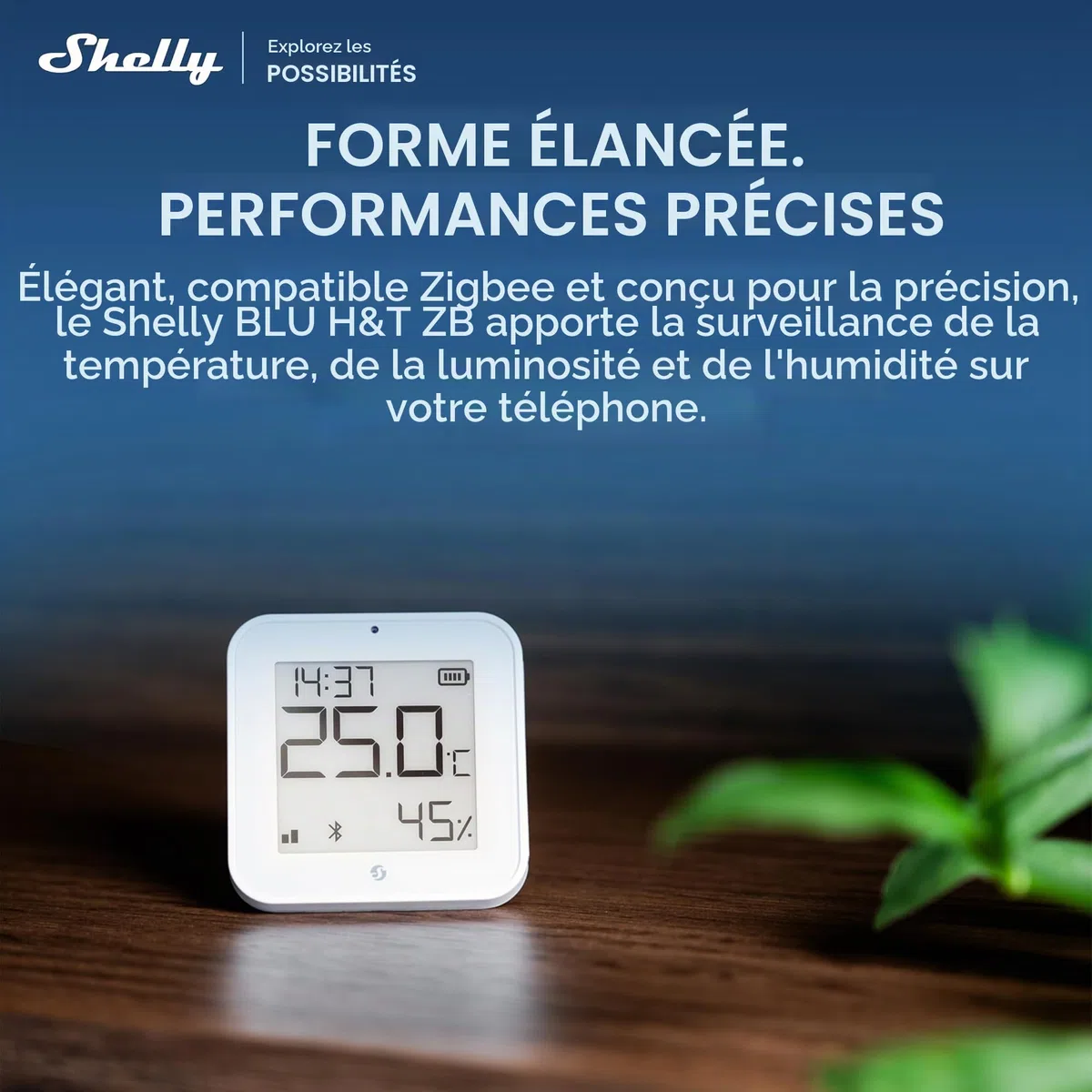 Shelly BLU H&T Display ZB Blanc – Capteur de Température et d'Humidité Connecté, Bluetooth et Zigbee, Thermomètre et Hygromètre intérieur, écran E-paper, Commande vocale et application