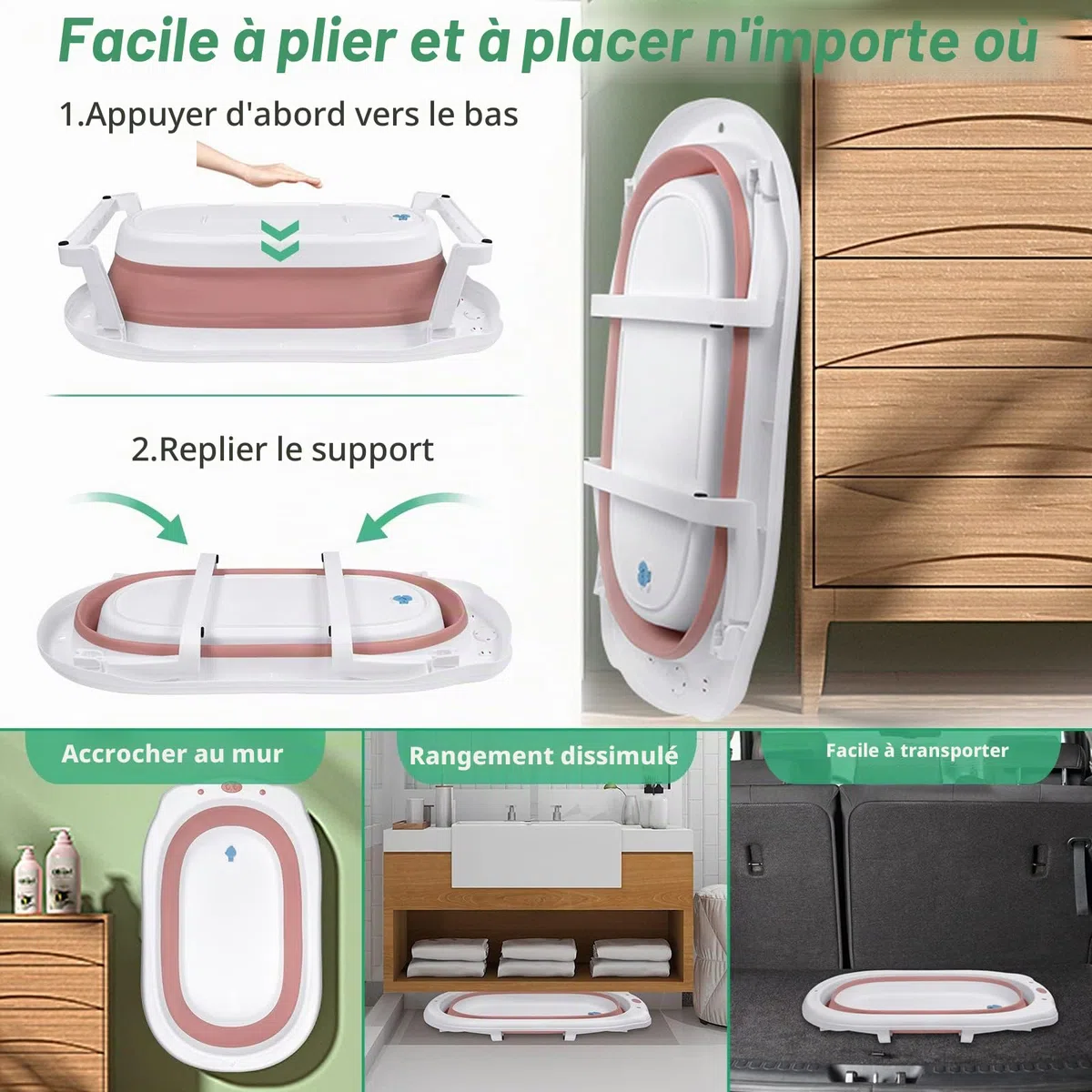 UISEBRT Baignoire Pliable pour Bébé avec Coussin de Bain Bassin de Douche Portable, Ergonomique, Antidérapante, Ultra Compacte, pour Nouveau-né, Bébés de 0 Mois+, Rose