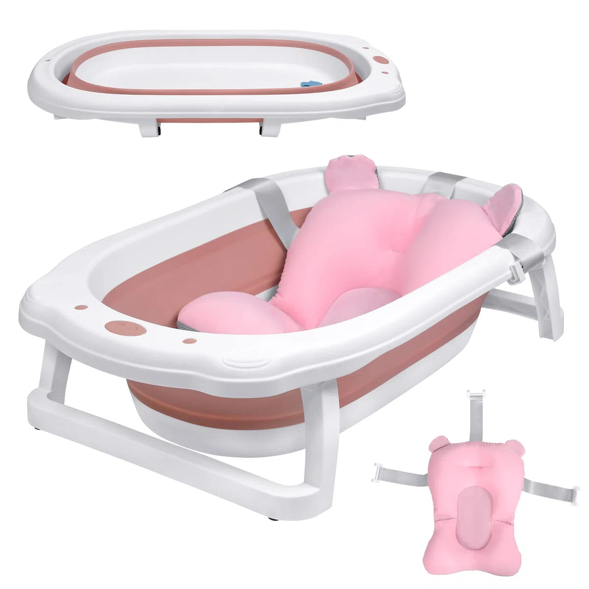UISEBRT Baignoire Pliable pour Bébé avec Coussin de Bain Bassin de Douche Portable, Ergonomique, Antidérapante, Ultra Compacte, pour Nouveau-né, Bébés de 0 Mois+, Rose
