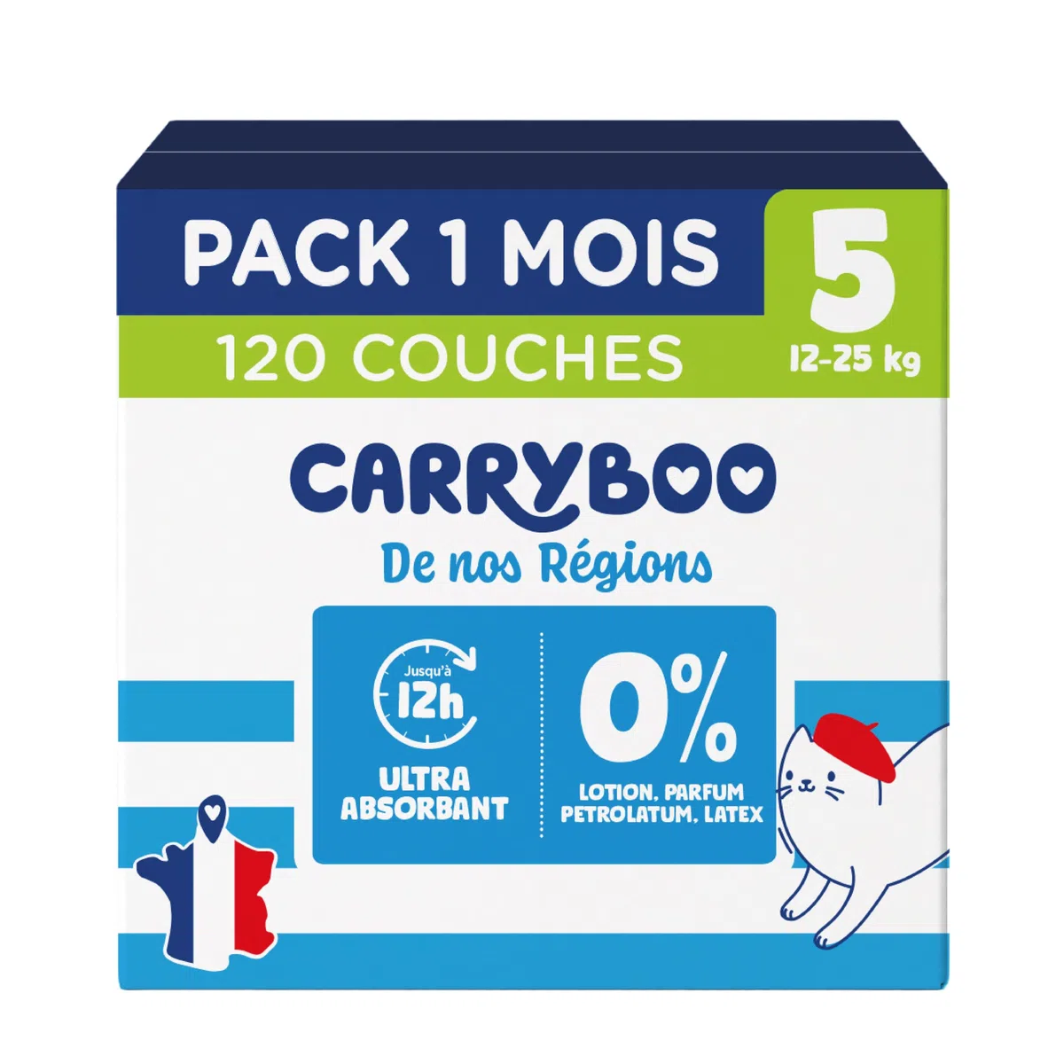 CARRYBOO - Couches Taille 5 (12-25kg) - Saines et Ultra Absorbantes - 12h Anti Fuites - Sans substances indésirables - Fabriquées en France - Prix Accessible- 120 Couches Jetables - Pack 1 Mois