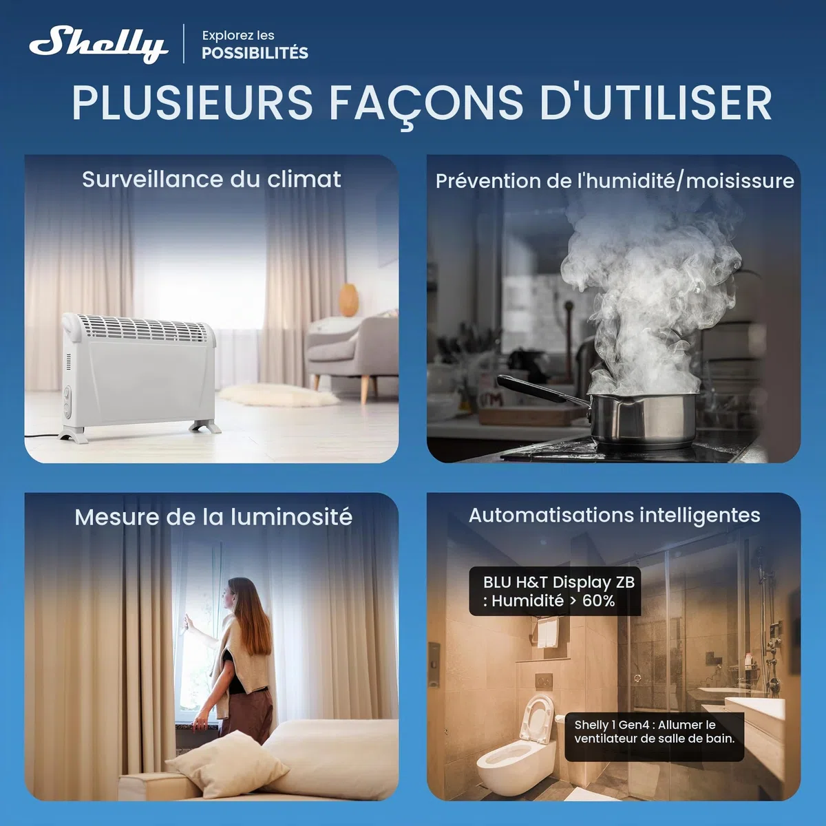 Shelly BLU H&T Display ZB Blanc – Capteur de Température et d'Humidité Connecté, Bluetooth et Zigbee, Thermomètre et Hygromètre intérieur, écran E-paper, Commande vocale et application