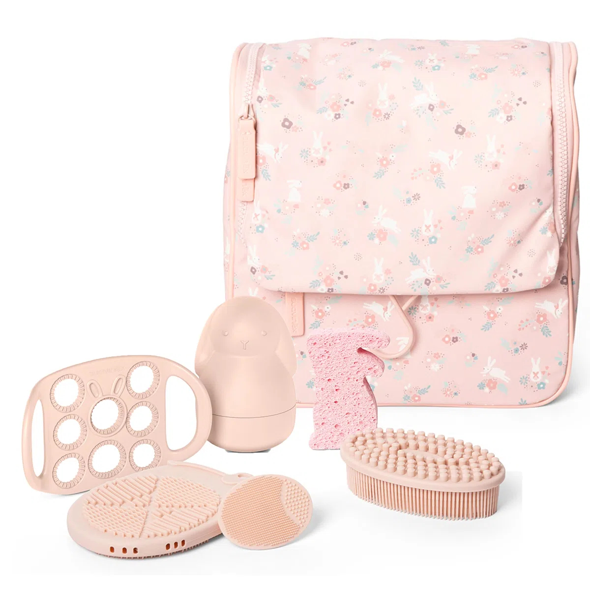 Suavinex, Coffret Bain Bébé Trousse Toilette, Kit Hygiène Nouveau-Né, Rose | Éponge + Brosses + Gant bain + Sorte-bulles + Jouet. Poches, Fermetures Éclair, Miroir, Crochet, Grande Capacité