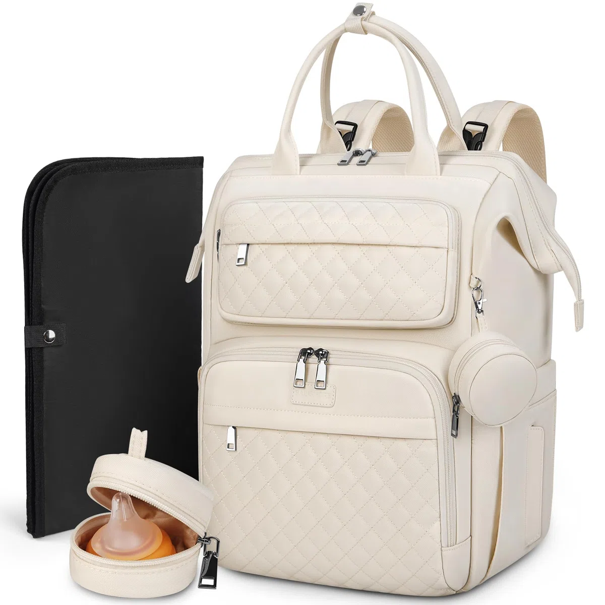 RAINSMORE Sac a Langer Bebe Sacs à Dos à Langer avec Matelas à Langer Portable Sangles de Poussette et Porte-tétine Multifonction Sac Bebe Maternite pour Maman et Papa Blanc