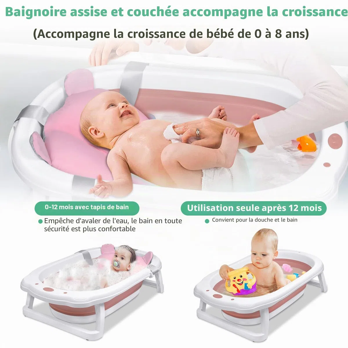 UISEBRT Baignoire Pliable pour Bébé avec Coussin de Bain Bassin de Douche Portable, Ergonomique, Antidérapante, Ultra Compacte, pour Nouveau-né, Bébés de 0 Mois+, Rose