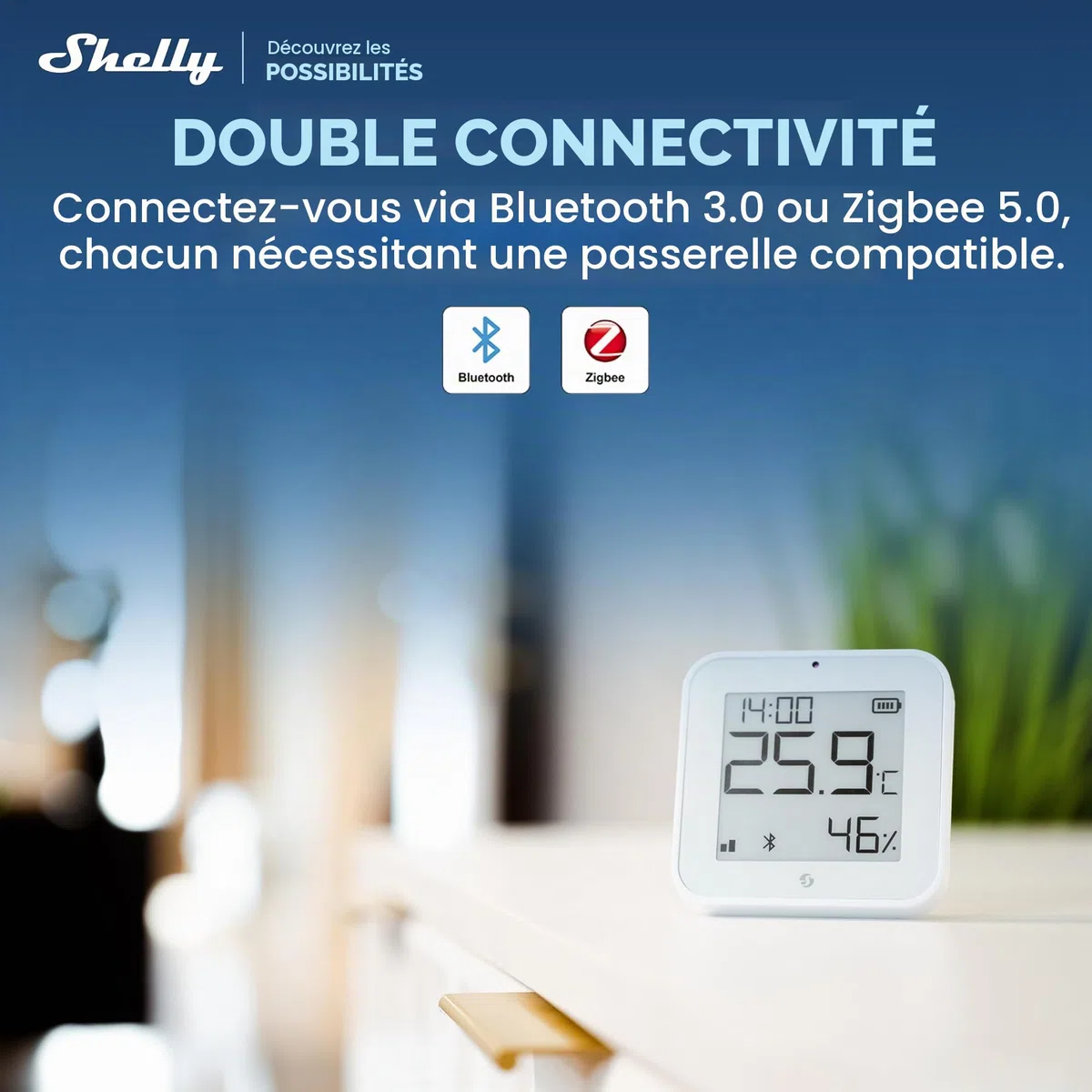 Shelly BLU H&T Display ZB Blanc – Capteur de Température et d'Humidité Connecté, Bluetooth et Zigbee, Thermomètre et Hygromètre intérieur, écran E-paper, Commande vocale et application