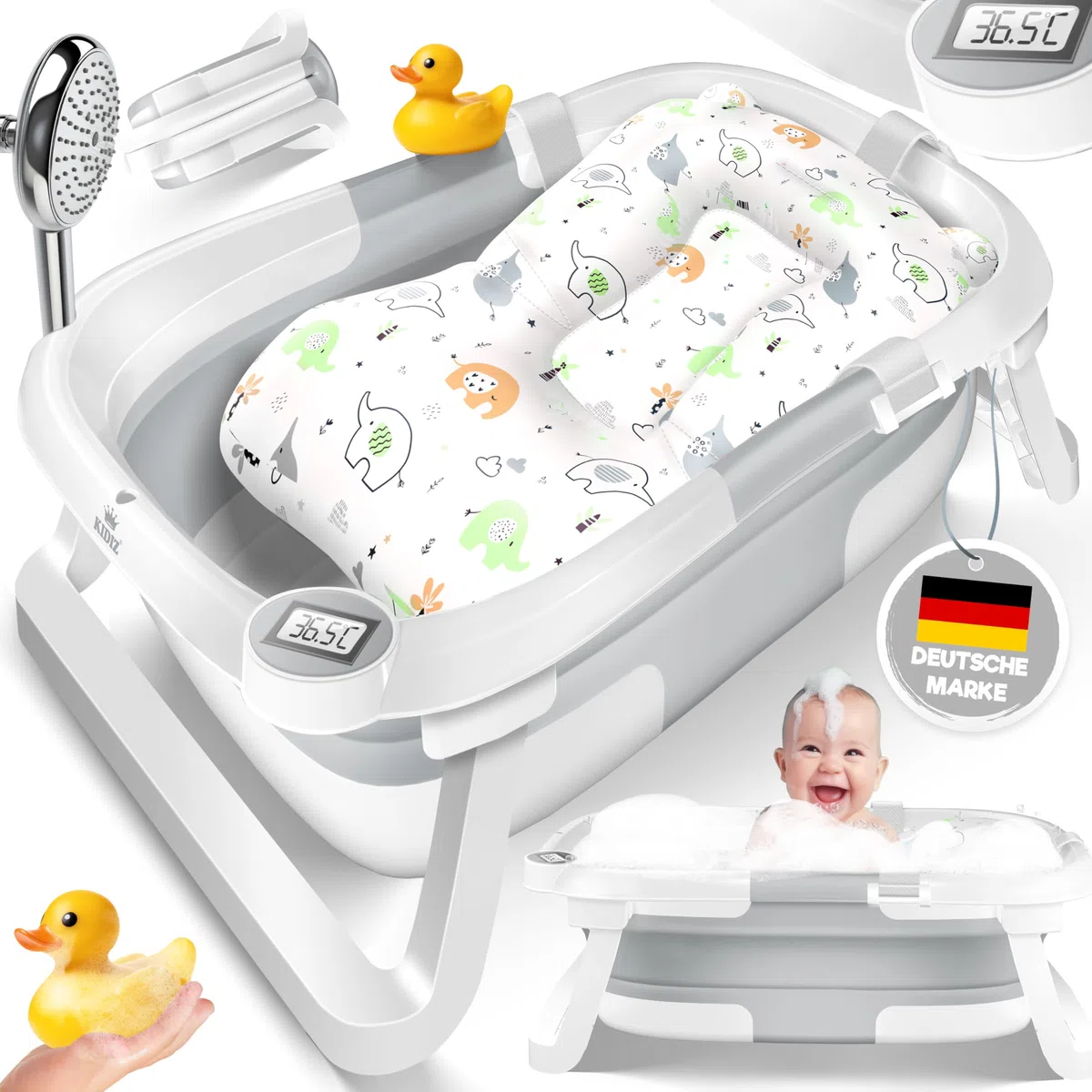 KIDIZ® Baignoire pour Bébé | Baignoire Bébé Pliable et Ergonomique | 0-24 Mois | Douche de Voyage Portable | Canard de Bain Inclus