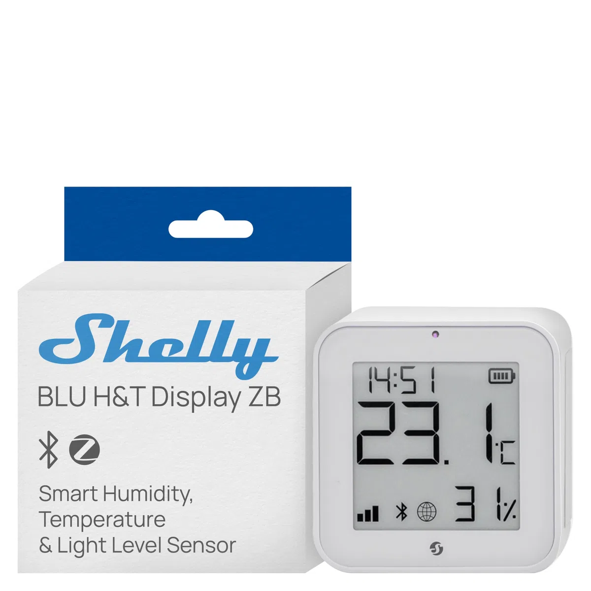 Shelly BLU H&T Display ZB Blanc – Capteur de Température et d'Humidité Connecté, Bluetooth et Zigbee, Thermomètre et Hygromètre intérieur, écran E-paper, Commande vocale et application