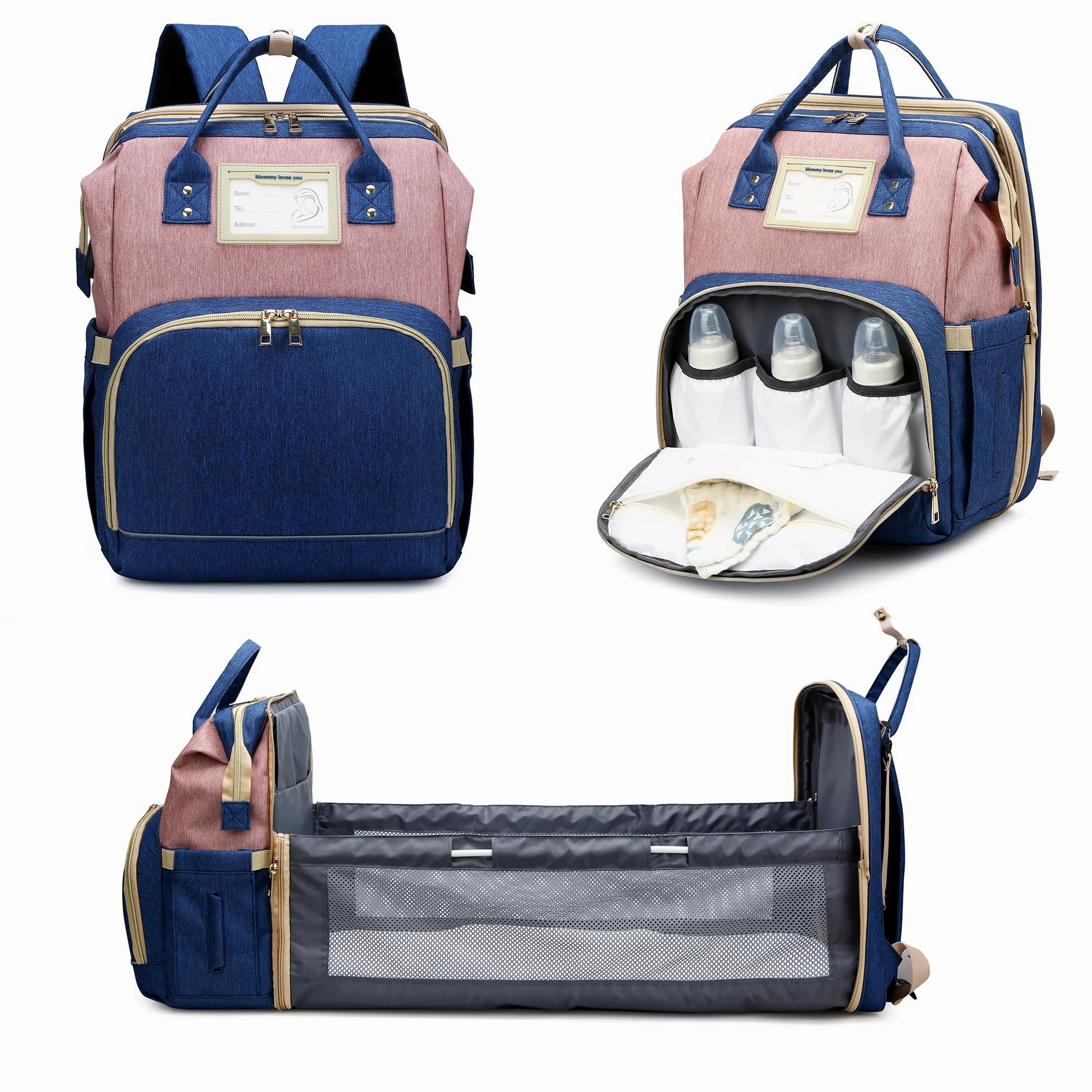 AZOOKEN Sac à dos à langer multifonction pour maman, sac à bandoulière pour voyage, shopping, camping avec lit, unisexe pour mamans et papas, Bleu et rose., M